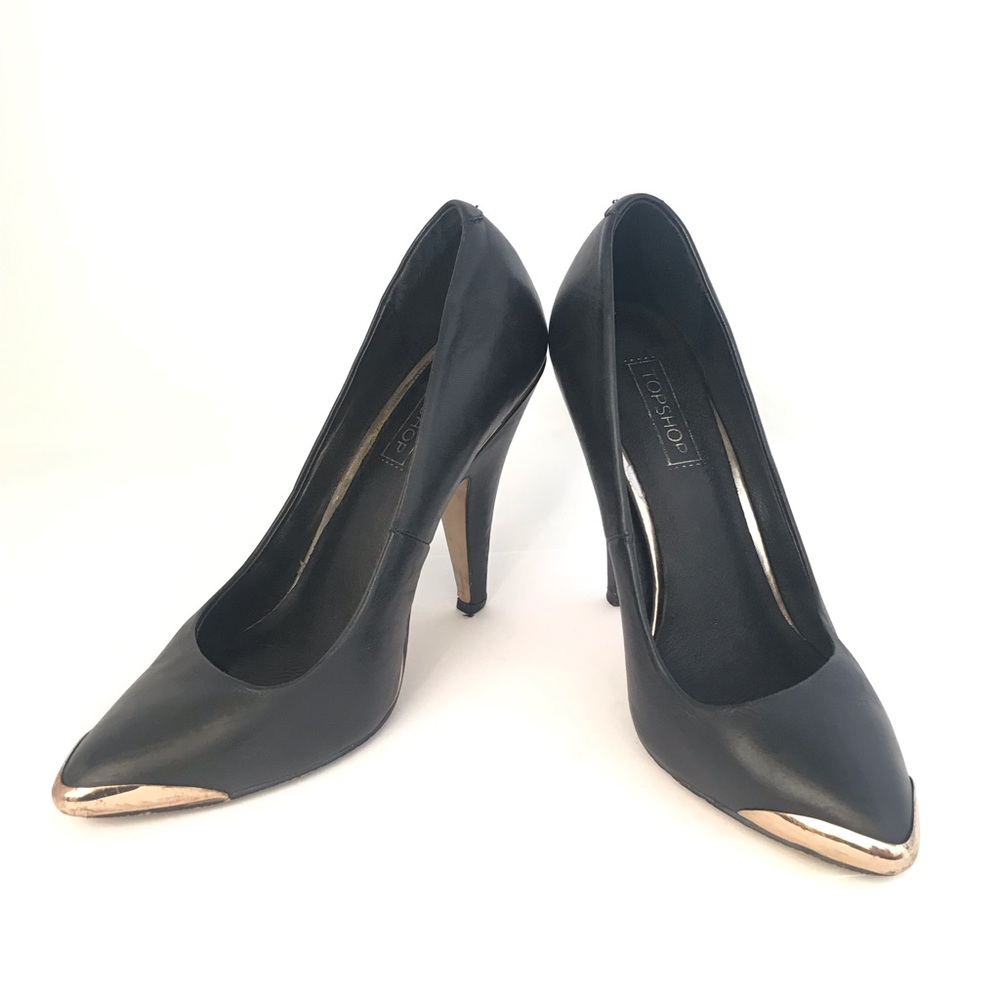 Top shop black leather pumps with gold toe accents